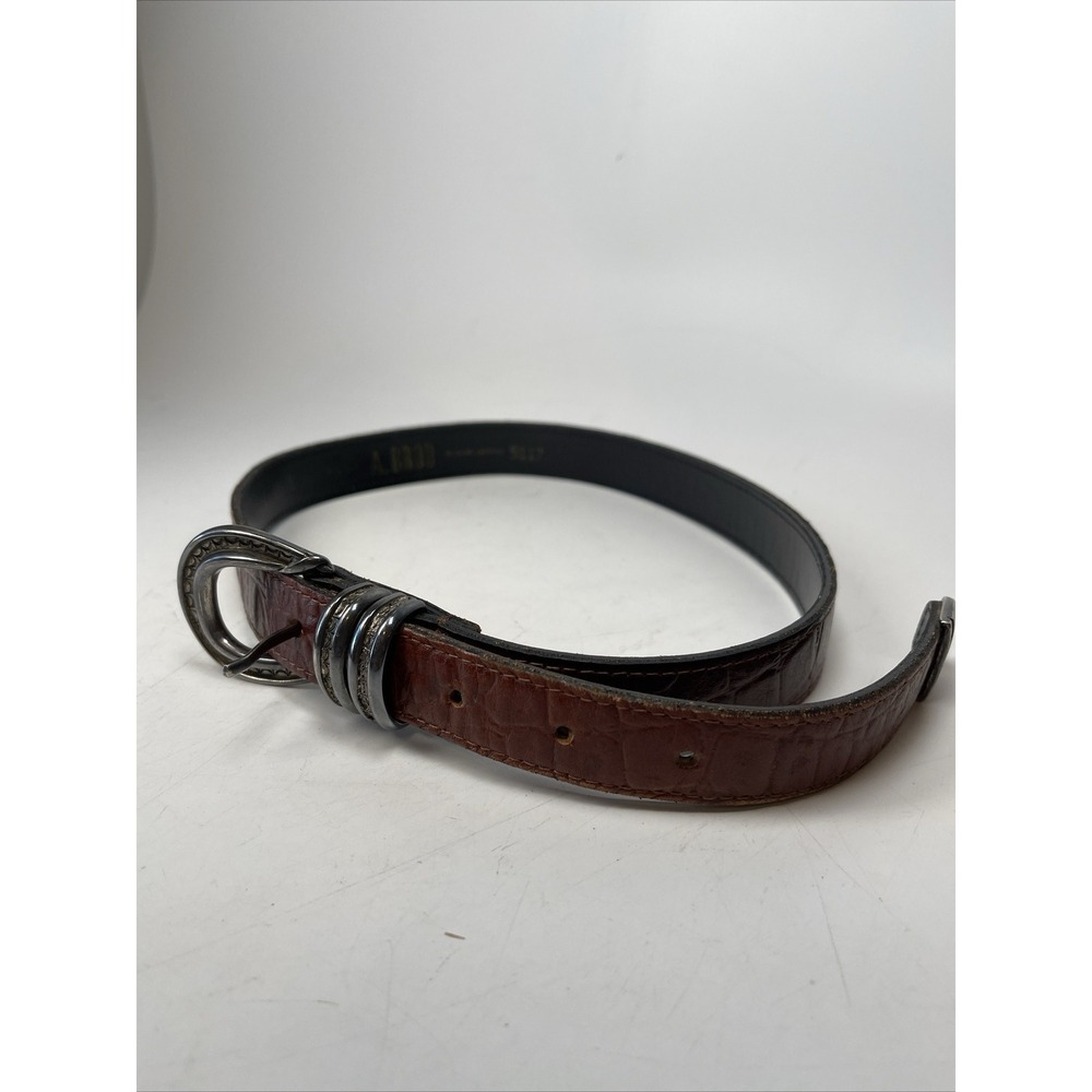 A. BROD Brown Croc Embossed Leather Belt Silver Buckle Made In USA Small 5117